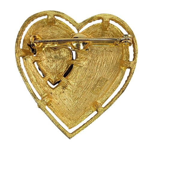 Vintage Signed JJ Double Heart Gold Tone Brooch Pin With Red Crystal Accents - Picture 2 of 5